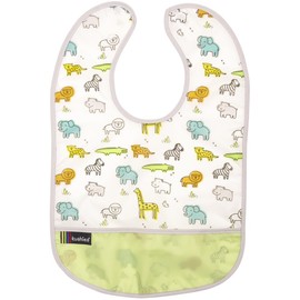 Kushies Cleanbib Waterproof Feeding Bib with Catch All/Crumb Catcher pocket. Wipe clean and reuse! Lightweight for comfort, Baby Boys and Girls, Unisex, 6-12 Months, White Little Safari