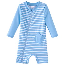 UMELOK Toddler Boys Swimsuit One Piece Full Zip with Long Sleeve UPF 50+ Sun Protection Swimwear Rash Guard Shirts Sky Blue-Stripe,2Y