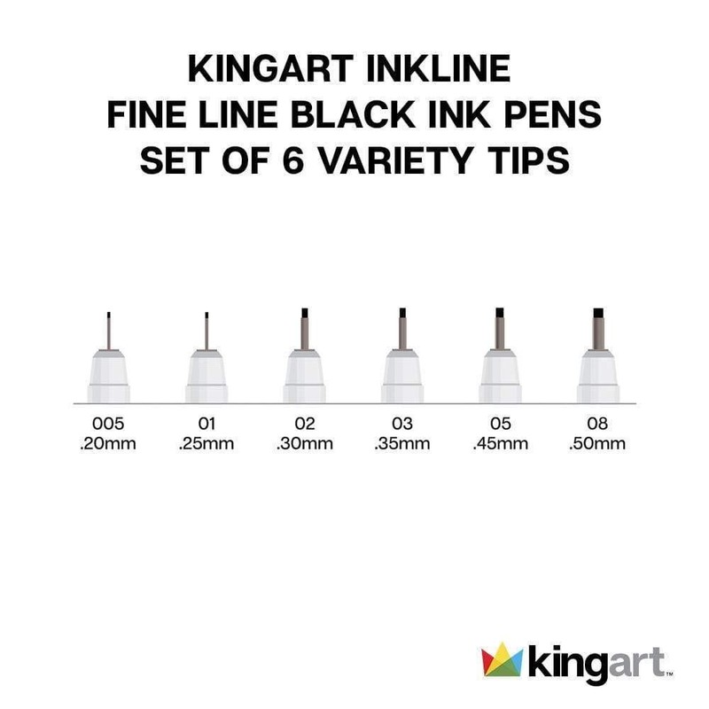 KINGART Inkline Fine Line Black Pens, Set of 6 with