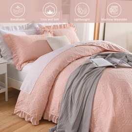 DJY King Quilt Bedding Set, Pink Ruffled Lightweight Soft Bedspread Coverlet, Basket Weave Quilted Blanket Thin Comforter Bed Cover for All Season - 3 Piece (1 Quilt, 2 Pillow Shams)