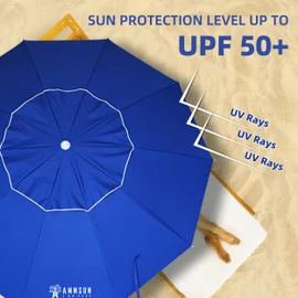 AMMSUN 8 Feet Large Beach Umbrella with Sand Anchor Heavy Duty High Wind Portable Outdoor Umbrellas UPF 50+ Protection Air Vent Tilt Patio Garden Pool Blue