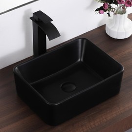 KARAMAG Black Vessel Sink Rectangle 16"x12" Bathroom Sink Rectangular Modern Above Counter 16 Inch Small Bathroom Sinks Matte Black Porcelain Ceramic Vessel Vanity Sink Art Basin