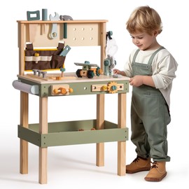 ROBOTIME Wooden Kids Tool Bench, Toddler Tool Bench - Toy Play Workbench Workshop with Tool Belt, Play Tools Set, Drawing Paper for Construction Play, Perfect for Kids Ages 3-5