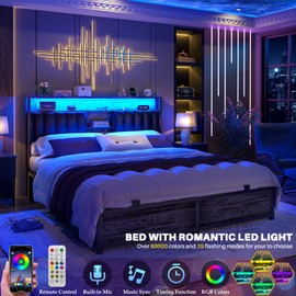 Aheaplus Queen Size Bed Frame with Charging Station & Led Lights, Platform Bed with Leather Upholstered Headboard and Storage, Metal Slats Support No Box Spring Needed, Noise-Free,-S2 Black Oak