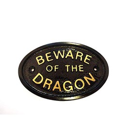 Artisan BEWARE OF THE DRAGON DOOR PLAQUE IN BLACK WITH GOLD RAISED LETTERING