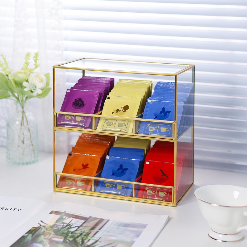 REDHUGO Glass Tea Bag Organizer for Counter, 2-Tier TeaBag Organizer