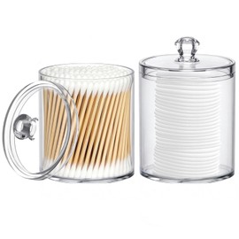 MateeyLife Storage Containers with Lids 2 Pack 10oz, Make Up Organizers for Vanity, Bathroom Organizers and Storage, Q tips for Home and Bathroom Decor, Makeup Holder Set Accessories (Clear)