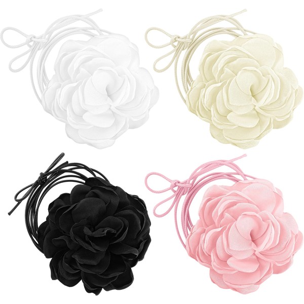 Giantree 4 Pieces Flower Choker Necklace for Women Girls, Large Rose Flower Necklace Fashionable Retro Large Flower Collar Tie Necklace Women Neck Accessories for Prom Bridal Shower, Polyester