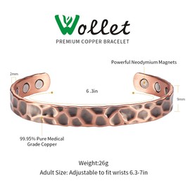 Wollet Pure Copper Magnetic Bracelet for Women Men Vintage Hammered Copper Bracelets with Magnets Adjustable Jewelry Gift