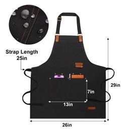 YAKOTAKI Chef Aprons for Women Men with Pockets(Functional and Large), Oil-Repellent & Water-Resistant Heavy-Duty Black Canvas with Adjustable Straps, Full-Coverage Protection for Cooking, Kitchen