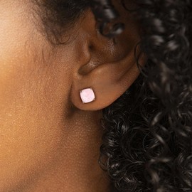 Kosuwo S925 Sterling Silver Handmade Pink Crystal Stud Earrings for Women -6mm,18K White Gold Plated Square Natural Gemstone Pink Stud Earrings for Women (Pink Crystal-white gold)