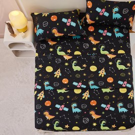Yibeizi Space Dinosaur Full Size Sheet Set for Boys, Kids Cute Planet Printed Microfiber Bedsheet Deep Pocket Bedding Sheets & Pillowcases 4 Pieces
