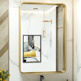 TokeShimi Gold Bathroom Mirror - 24 x 36 Inch Metal Rounded Corner Rectangle Mirror - Hangs Horizontal Or Vertical - Rustic Finish