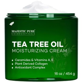 Majestic Pure Tea Tree Oil Moisturizing Cream - Body, Foot & Face Moisturizer - With Ceramides, Vitamins A E & Vegan Collagen - For Dry Skin, Oily Skin, & Appearance Of Wrinkles - 16 oz