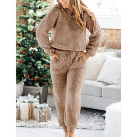 LTSCNRM Womens Fuzzy Pajamas Sets Lounge Fluffy Fleece Sleepwear Zip Up Pullover Pockets (Camel-Large)