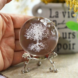 H&D HYALINE & DORA 60mm Tree of Life Crystal Ball with Stand Decorative Paperweight 3D Laser Engraved Glass Plant Life Tree Sphere Novelty Home Decor