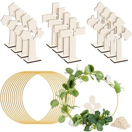 Wesiti 24 Pcs Baptism Centerpieces for Tables 12 Wood Crosses for Craft 12 Metal Floral Hoop Centerpiece with Stand Wooden Cross Baptism Centerpieces for Baptism Party Wedding (Wood Color,Classic)
