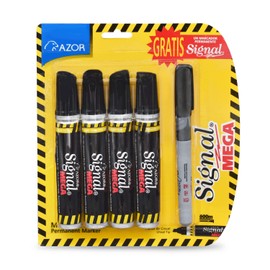 AZOR - Marcadores Permanentes, Plumones Indelebles, Color Negro, 4 Piezas, Signal Mega, Punta Extragrande 6mm, Secado Rapido y Resistente Al Agua, Incluye Marcador De Regalo, 301.1504NE