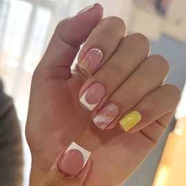 French Tip Press on Nails Short Square Fake Nails Glossy False Nails with Glitter Designs Full Cover Acrylic Nails White Square Nail Tips Glue on Nails Reusable Artificial Nails for Women Girls