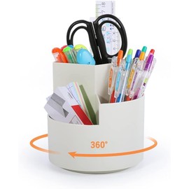 FRETONBA Rotating Pen Holder - 360 Rotating Large Capacity Pens Organiser, Pen Holder Children with 3 Compartments for Desk, Office, School, Family (White
