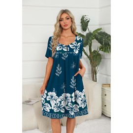 Dookttker Moomoo Dresses for Women Plus Size Nightgowns Mumu House Dresses for Elderly Grandma Pajamas Cotton Sleepwear Short Sleeve Moo Lounge Blue Flower