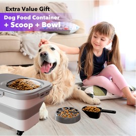 Lunatinc Dog Food Storage Container - 28 Lbs Collapsible Pet Food Storage Containers with Rolling Wheels & Lid Airtight Cat Food Container with Slow Feeder Dog Bowl