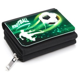 Xuniea Children's Wallet for Girls Boys Tri-Fold Wallet with Zip Wallet as a Gift for Kids Teenagers School, Green-and-black, Standard size, Football