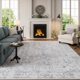 Dadasgk Gray 8x10 Washable Area Rug, Large Vintage Living Room Rug, Distressed Non Slip Carpet Traditional Indoor Bedroom Grey Retro Floral Accent Throw Rug for Office Kitchen Dining Room