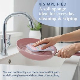 Simplified 5-Pack Scrub & Wipe 2-in-1 Dishwashing Sponges - Non-Abrasive Cleaning Sponges, Double-Sided - Safe for Dishes, Non-Stick Pans or Glassware, Absorbent Dish Sponges, Rainbow Stripe