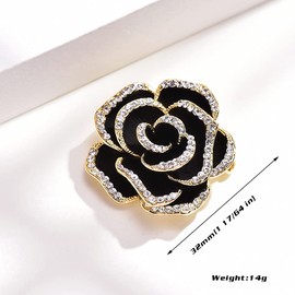 Elegant Crystal Blooming Rose Flower Brooch Lapel Pin Breastpin for Women Birdal Cardigan Hat Scarf Suit Sweater Floral Pins (32mm Black Rose)