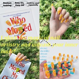 LIMERANSSS Handmade warm tone orange brush sheer lemon yellow star press on nails,medium almond shape custom manicure,salon quality,10 pcs false nails,S