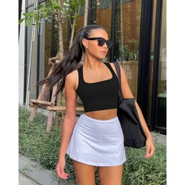 OLCHEE Womens 3 Pack Crop Tank Tops Seamless Ribbed Square Neck Tapered Shoulder Strap Sleeveless Workout Top Summer Shirts - Black Brown Beige Small