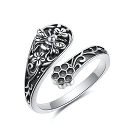 MONGAS Bee Spoon Rings for Women Sterling Silver Adjustable Vintage Bee Spoon Ring Antique Thumb Rings Jewelry for Women, Sterling Silver, No Gemstone