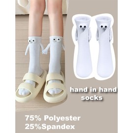 Magnetic Holding Hands Socks, 2 Pairs Funny Couple Socks, Novelty Crazy Socks for Women Men Valentine Gift and Teens Friendship (White 3D Eyes)