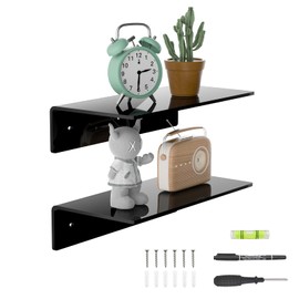 Sezanrpt 12 Inches Small Black Wall Shelves Set of 2, Acrylic Floating Shelf for Wall, Wall Mounted Display Shelf for Bedroom, Living Room, Funko Pop Shelves, Smart Speaker, 2 Pack