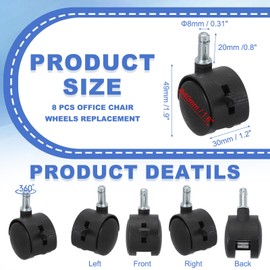PATIKIL Office Chair Wheels Replacement 1.5", 8 Pcs Nylon Heavy Duty Office Furniture Casters Wheels with Universal Wheel for Hardwood Floor Carpet, Black(Standard Stem with Brake)