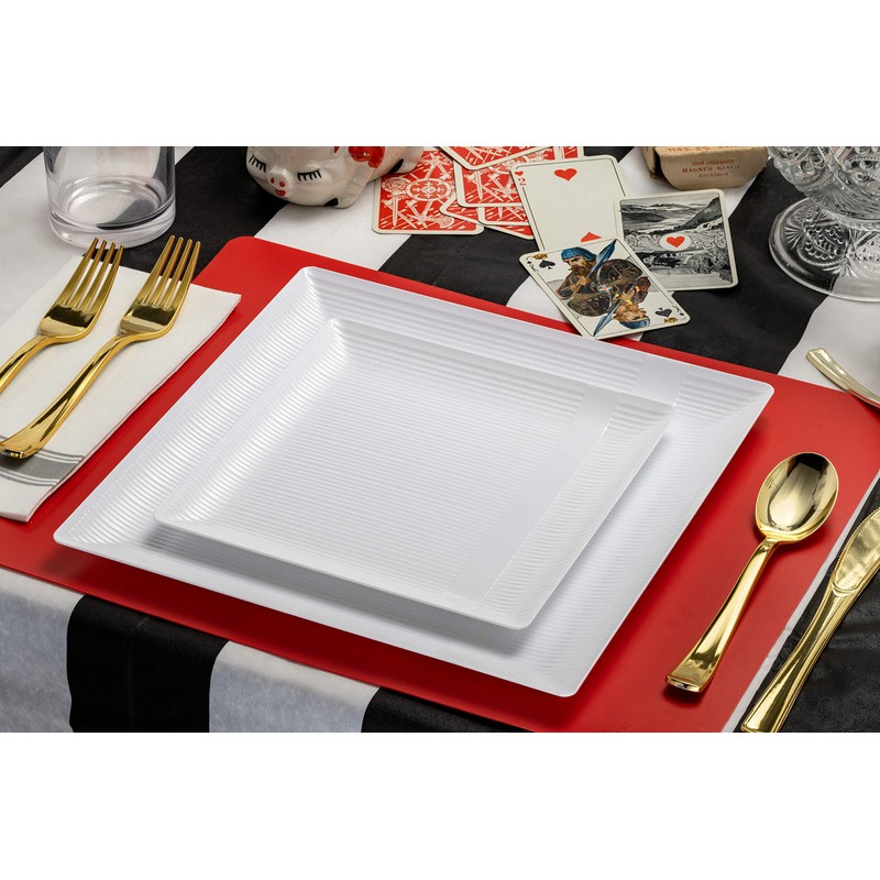 Exquisite Disposable-White-Plastic-Plates-Square Linear (40 Pack) Wedding Dinner Fancy Tableware Dishes