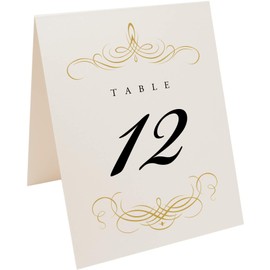 Decadent Flourish Wedding Table Numbers (Select Color/Quantity), Champagne, Gold, 1-150, Double Sided, Tent or Use in a Stand, Great for Parties & Restaurants - Made in the USA