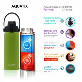 New Aquatix (Lime Green, 21 Ounce) Pure Stainless Steel Double Wall Vacuum Insulated Sports Water Bottle Convenient Flip Top Cap with Removable Strap Handle - Keeps Drinks Cold 24 hr/Hot 6 hr