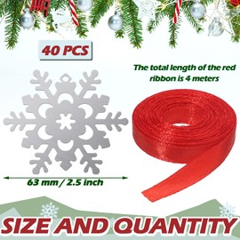 Hotop 41 Pieces Christmas Snowflake Ornaments Metal Snowflake Hanging Ornaments Christmas Tree Hanging Snowflake Decorations with Red Ribbon for Holiday Christmas Tree Party Decorations