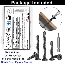 FandWay Pack of 100 Torx Drilling Screws, Countersunk Head Self-Drilling Screws, M4.2 x 25 mm Flat Head Self-Drilling Screws, Stainless Steel 410 Black Tapping Screws, Metal Roofing Screws Assortment