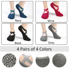 Yoga Socks for Women Non-Slip Grips & Straps for Pilates, Pure Barre, Ballet, Dance, Barefoot Workout Yoga Socks (4 Pairs)