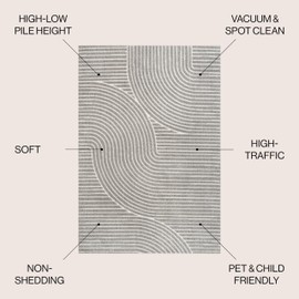 JONATHAN Y SCN100A-9R Hallie High-Low Minimalist Curve Geometric Gray/Ivory 9' Round Indoor/Outdoor Area Rug, Pet Friendly, Non-Shedding, Stain Resistant, Easy-Cleaning for Backyard, Patio, Porch