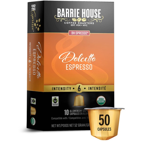 Barrie House Cápsulas de espresso, Dolcetto (50 unidades) | tostado medio | Compatible con máquinas de café originales Nespresso | Certificado orgánico de comercio justo | Cápsulas de aluminio reciclables
