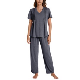 POKWAI Women Pajama Sets Soft Pajamas for Women Short Sleeve Tops and Pants Set Comfy Pjs Pajama Sleep(Dark Gray,Medium)