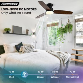 Modern 42 Inch Ceiling Fans with Lights and Remote, Bedroom Living Room Office, Flush Mount, 18W 3CCT Dimmable, Dual Color 3 Blades 6 Speed Reversible Quiet DC Motor, Black/Wood Grain
