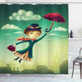 ABAKUHAUS Fantasy Shower Curtain, Cartoon Fairy Tale Nanny with Umbrella and Bag Flying over London Skyline, Cloth Fabric Bathroom Decor Set with Hooks, 86 Inches Extra Long, Multicolor