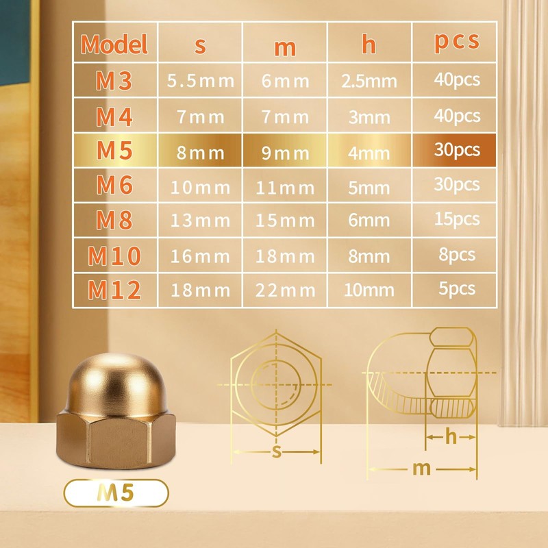 SWTYExt Pack of 30 Cap Nuts M5 Brass Cap Nuts