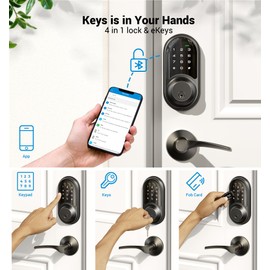 Veise Smart Locks for Front Door, 2 Lever Handle Set, Keyless Entry Deadbolt, App Control, Electronic Digital Touchscreen Keypad, Auto Lock, IP54 Waterproof, Easy Installation, Matte Black