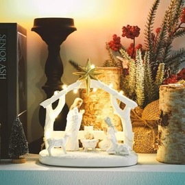 ESSECMBS Light Up Christmas Nativity Scene Silhouette Holy Family Figurine Set Resin Jesus Christ Statues Tabletop Ornament Christmas Decorations Indoor (White, 17 * 17 * 12cm)